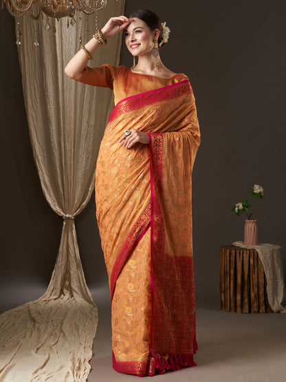 Women's Georgette Peach Woven Design Designer Saree With Blouse Piece