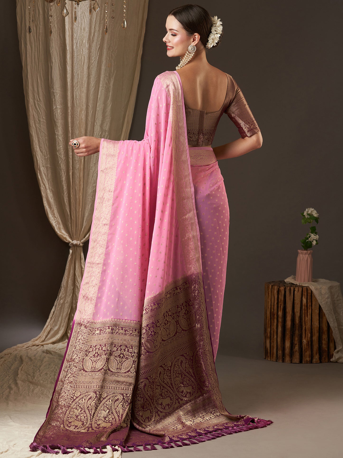 Women's Georgette Pink Woven Design Designer Saree With Blouse Piece