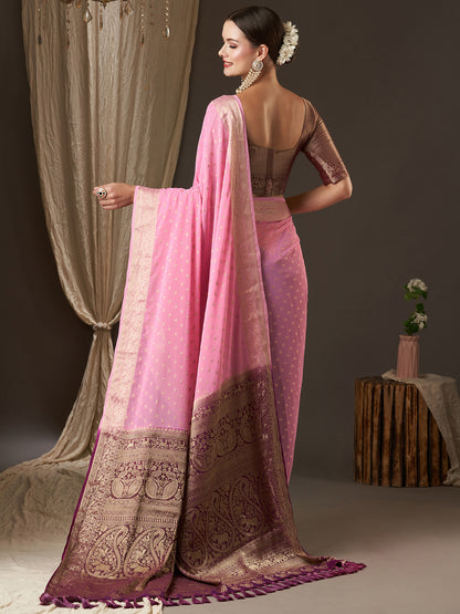 Women's Georgette Pink Woven Design Designer Saree With Blouse Piece