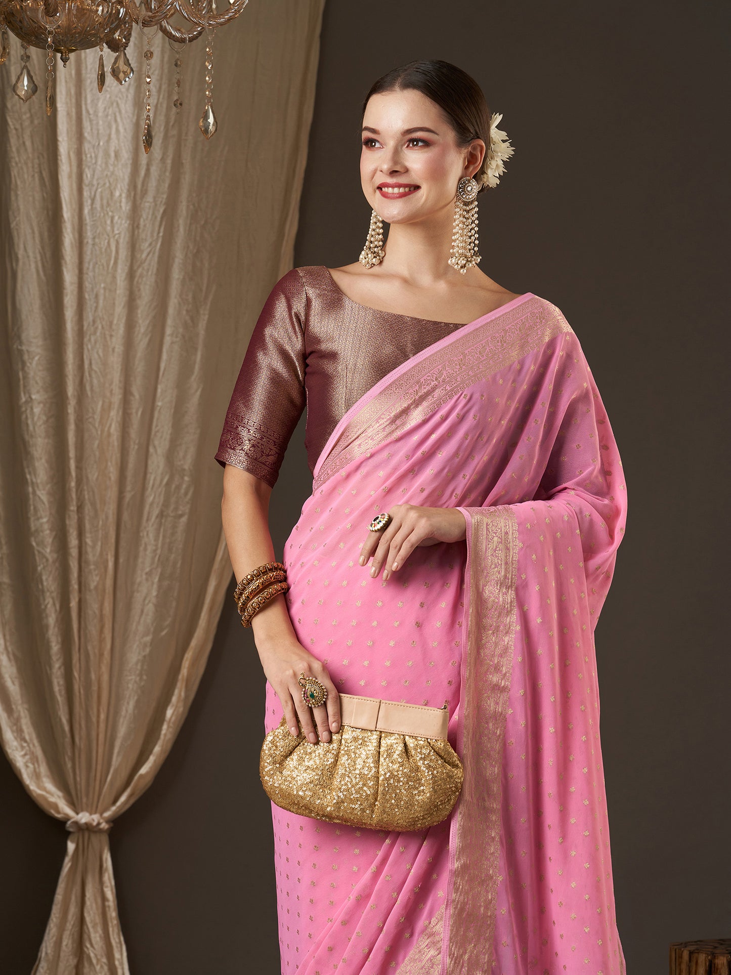 Women's Georgette Pink Woven Design Designer Saree With Blouse Piece