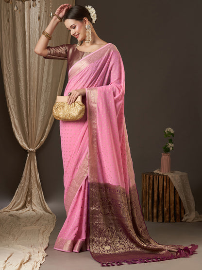 Women's Georgette Pink Woven Design Designer Saree With Blouse Piece