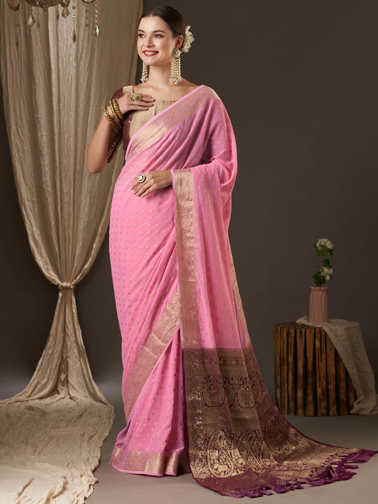 Women's Georgette Pink Woven Design Designer Saree With Blouse Piece