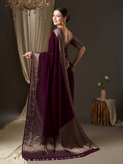 Women's Georgette Purple Woven Design Designer Saree With Blouse Piece