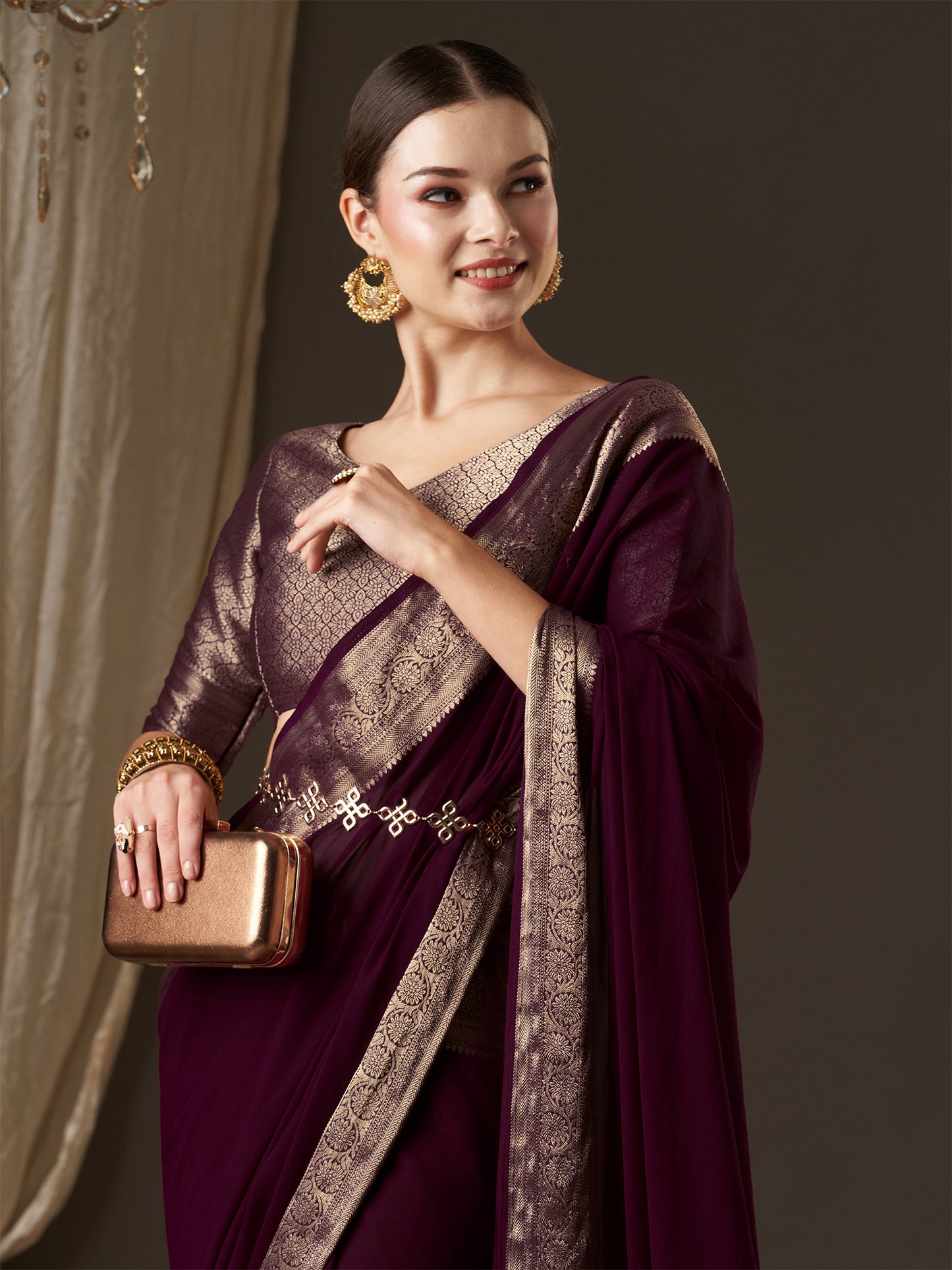 Women's Georgette Purple Woven Design Designer Saree With Blouse Piece
