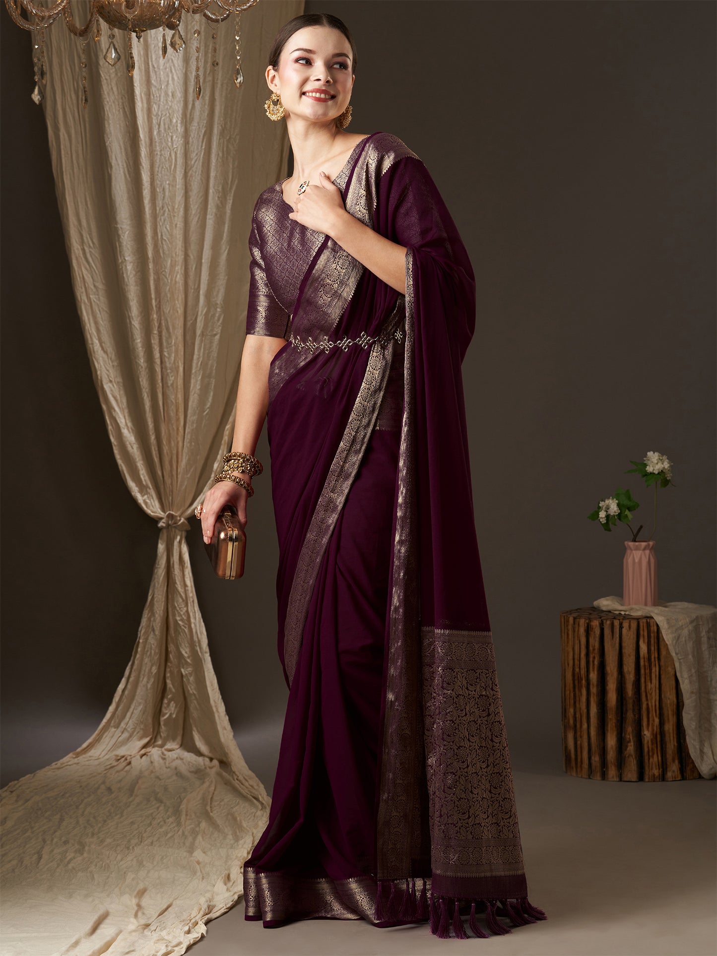 Women's Georgette Purple Woven Design Designer Saree With Blouse Piece