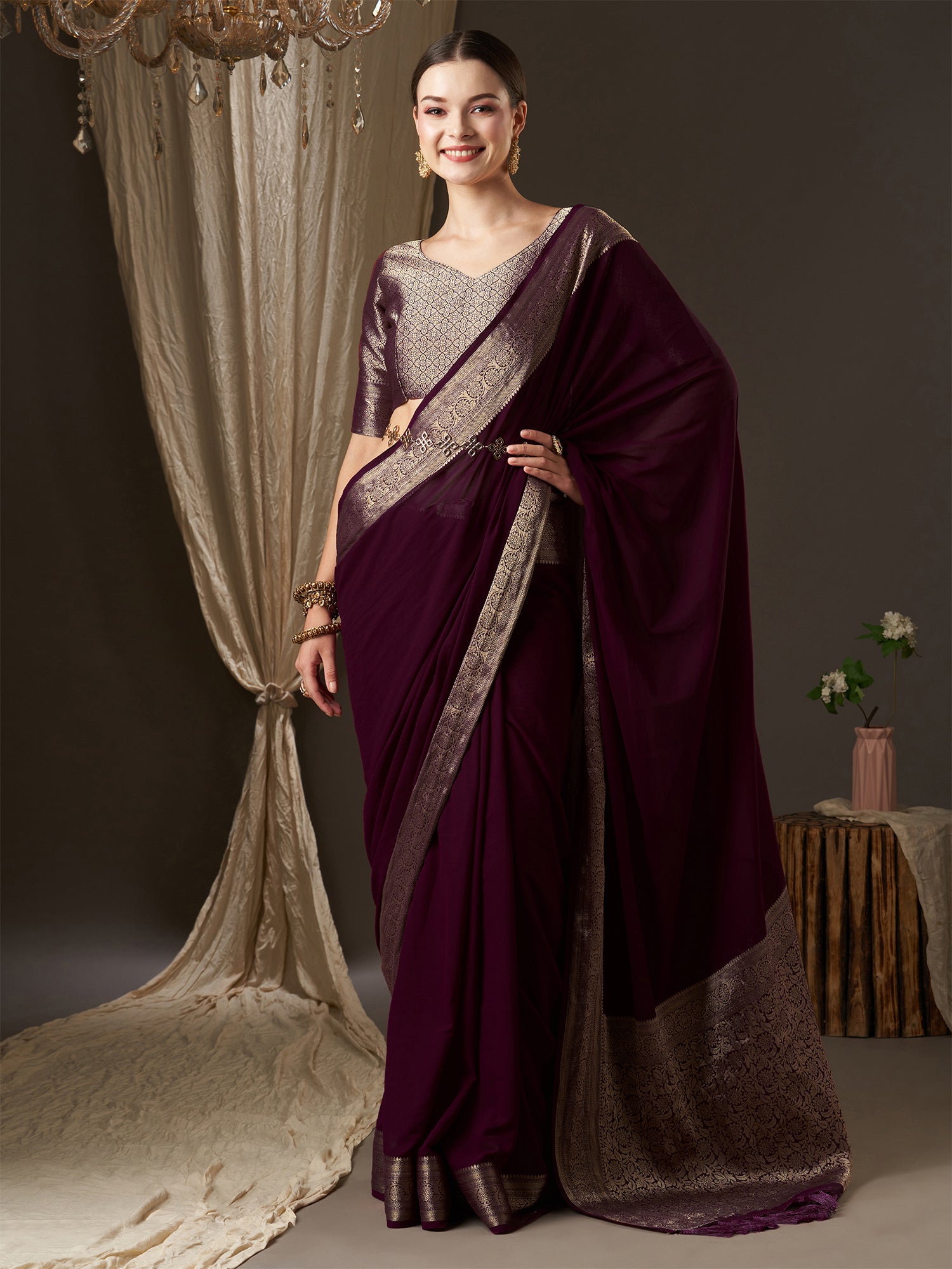 Women's Georgette Purple Woven Design Designer Saree With Blouse Piece