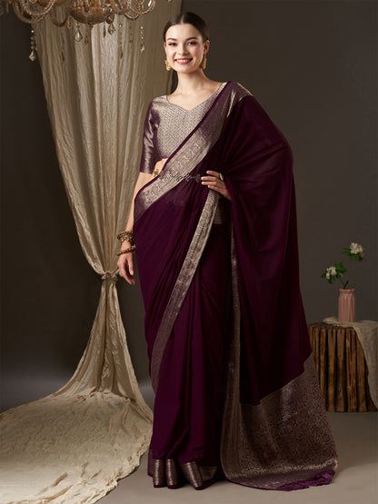 Women's Georgette Purple Woven Design Designer Saree With Blouse Piece