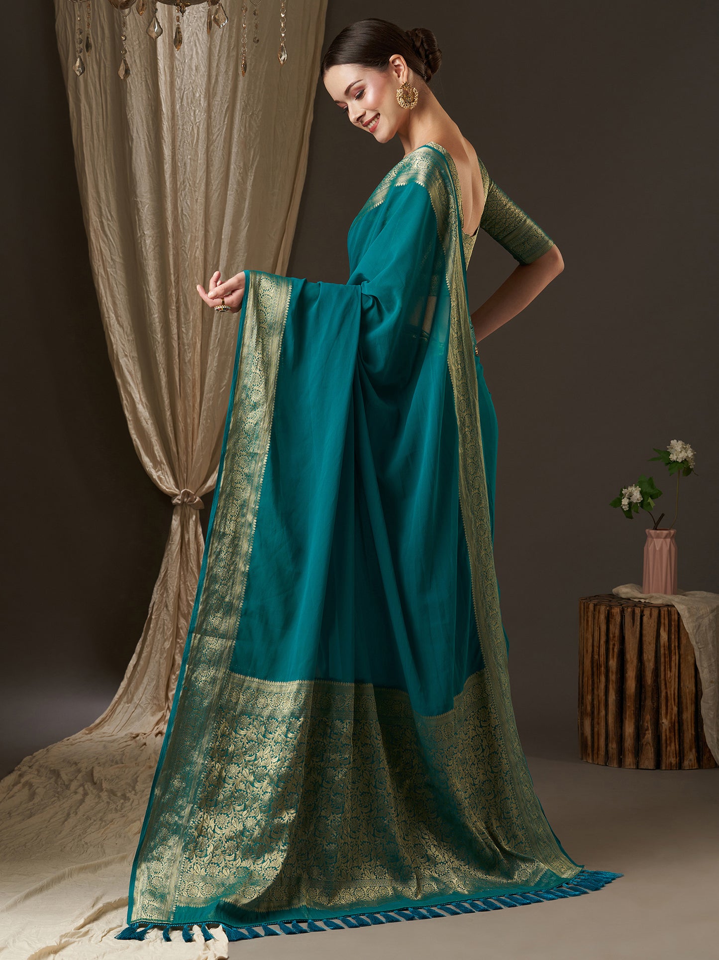 Women's Georgette Blue Woven Design Designer Saree With Blouse Piece