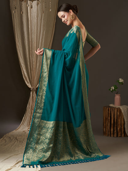 Women's Georgette Blue Woven Design Designer Saree With Blouse Piece