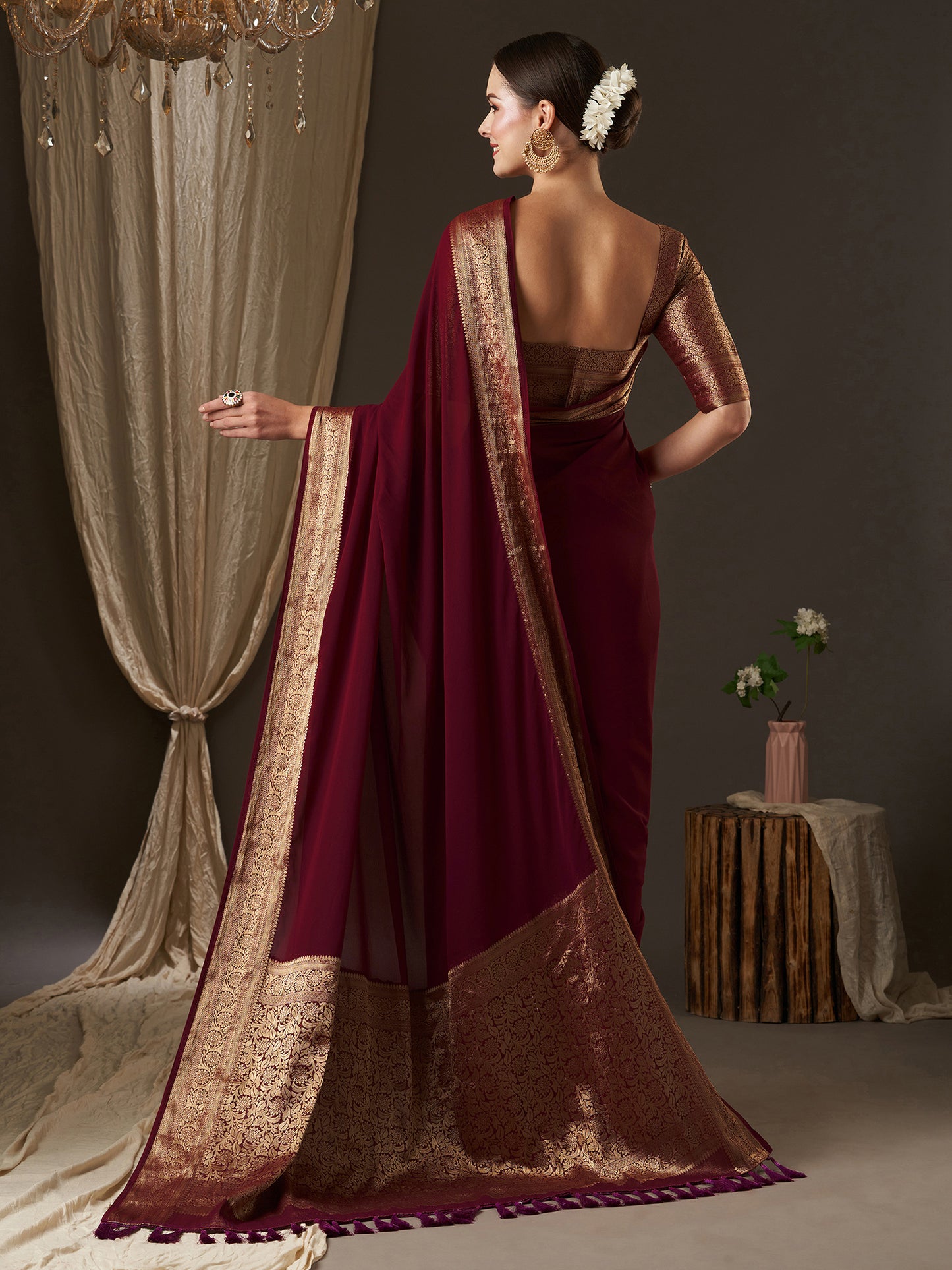 Women's Georgette Burgundy Woven Design Designer Saree With Blouse Piece