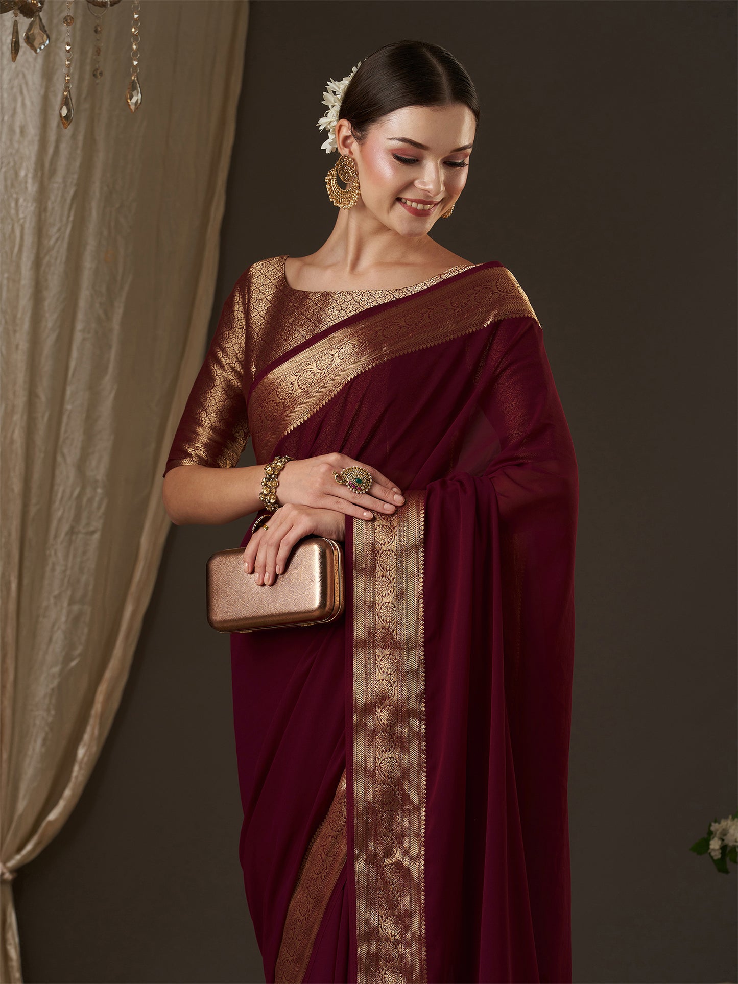 Women's Georgette Burgundy Woven Design Designer Saree With Blouse Piece