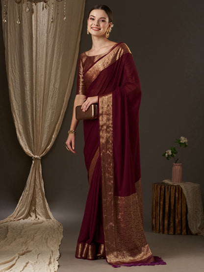 Women's Georgette Burgundy Woven Design Designer Saree With Blouse Piece