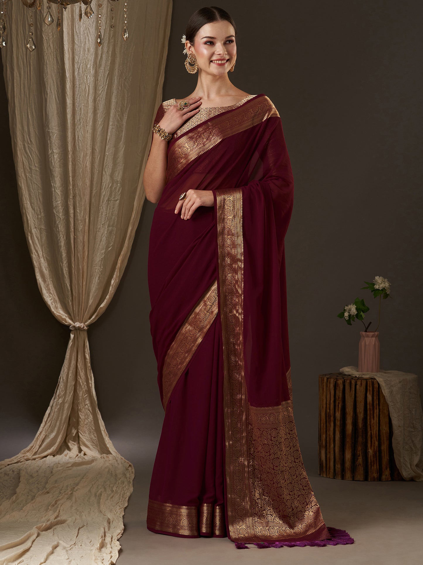 Women's Georgette Burgundy Woven Design Designer Saree With Blouse Piece