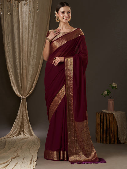 Women's Georgette Burgundy Woven Design Designer Saree With Blouse Piece