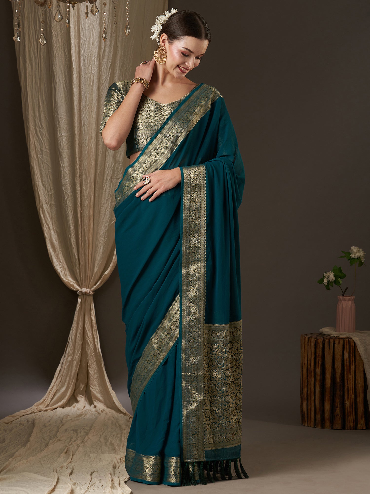 Women's Georgette Teal blue Woven Design Designer Saree With Blouse Piece