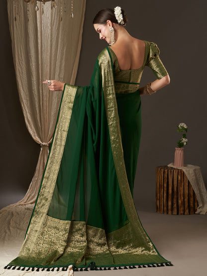 Women's Georgette Green Woven Design Designer Saree With Blouse Piece