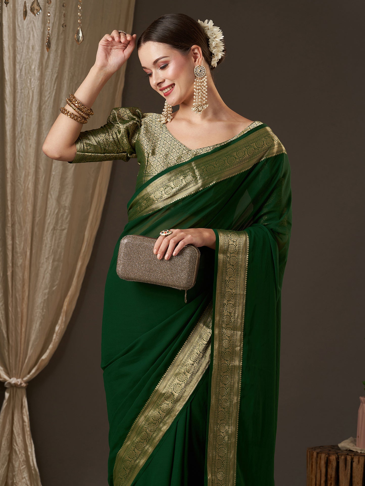 Women's Georgette Green Woven Design Designer Saree With Blouse Piece