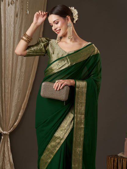 Women's Georgette Green Woven Design Designer Saree With Blouse Piece