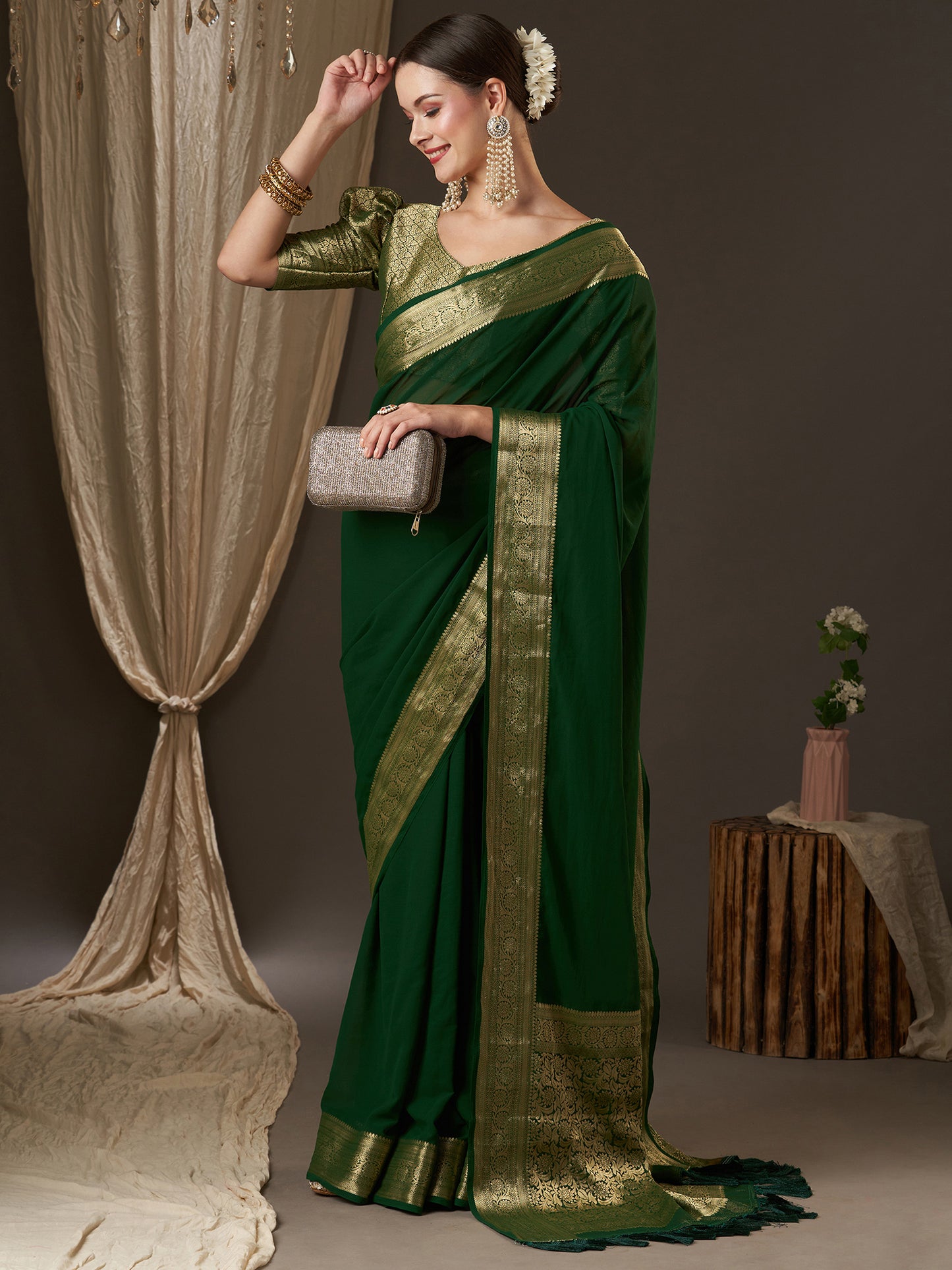 Women's Georgette Green Woven Design Designer Saree With Blouse Piece