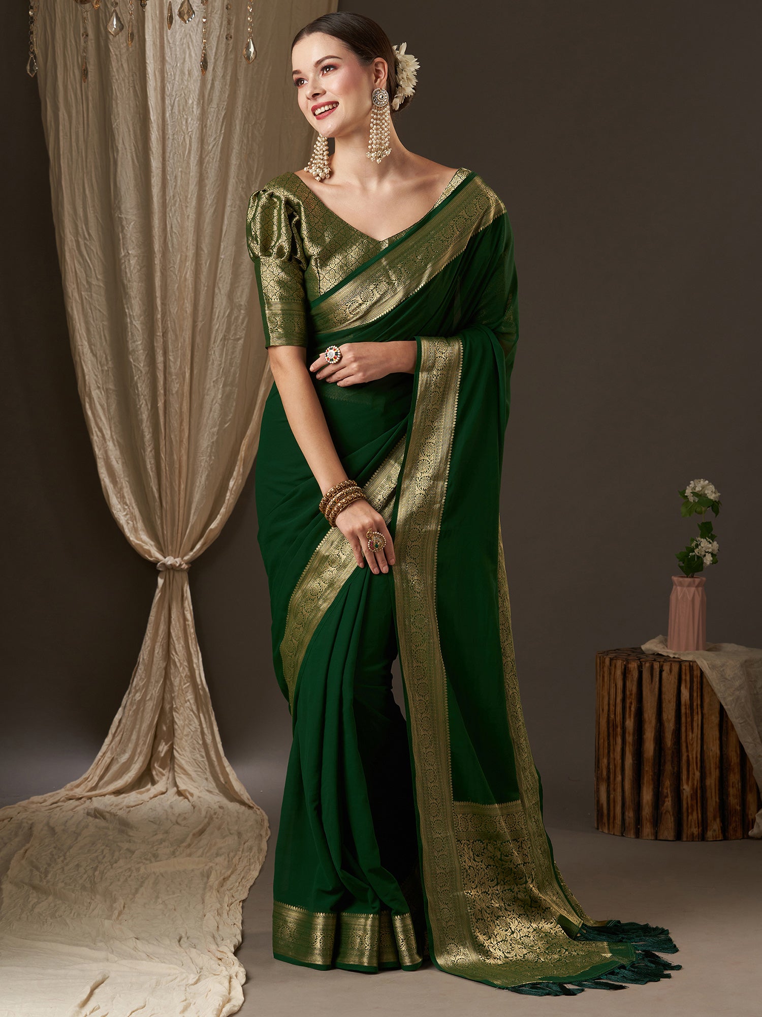 Women's Georgette Green Woven Design Designer Saree With Blouse Piece
