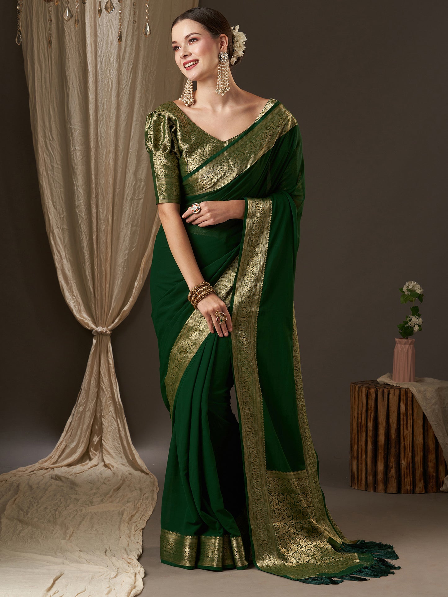 Women's Georgette Green Woven Design Designer Saree With Blouse Piece