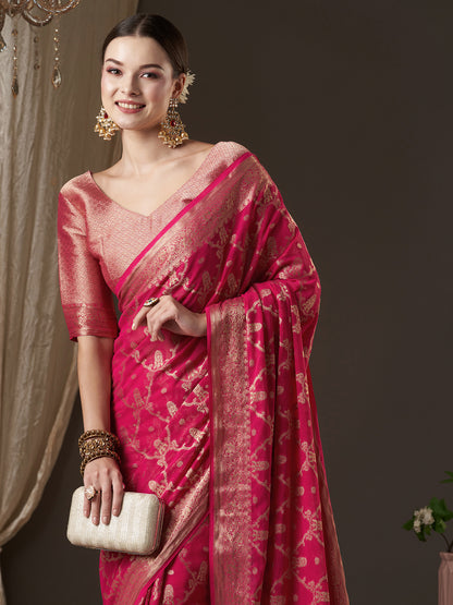 Women's Georgette Pink Woven Design Designer Saree With Blouse Piece