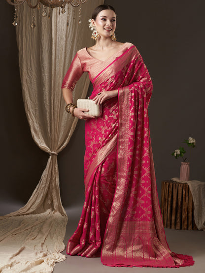 Women's Georgette Pink Woven Design Designer Saree With Blouse Piece