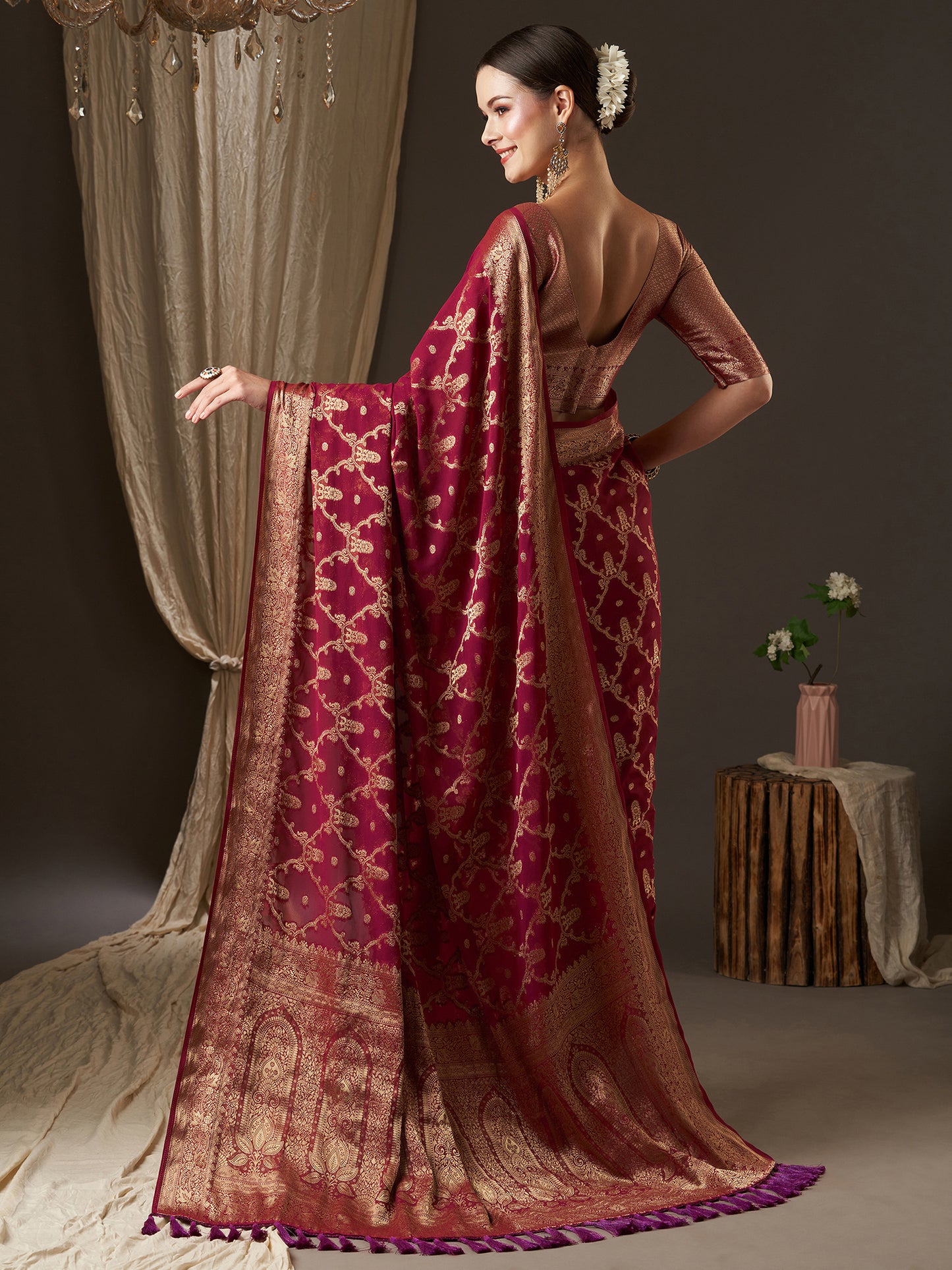 Women's Georgette Burgundy Woven Design Designer Saree With Blouse Piece
