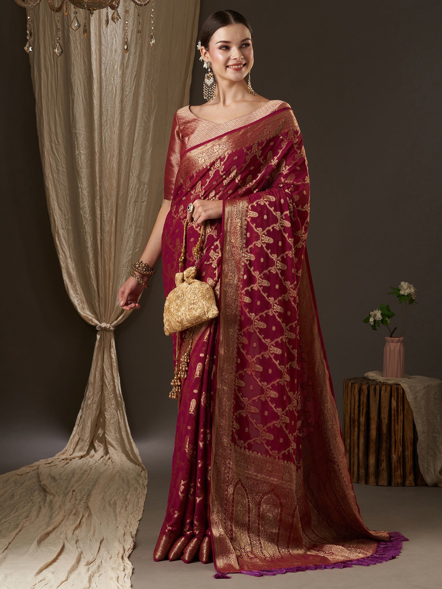Women's Georgette Burgundy Woven Design Designer Saree With Blouse Piece