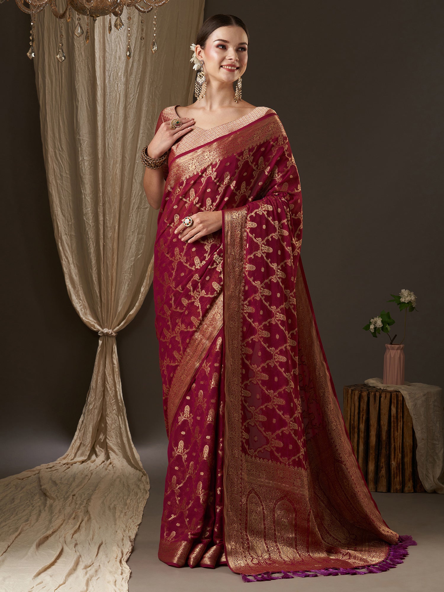 Women's Georgette Burgundy Woven Design Designer Saree With Blouse Piece