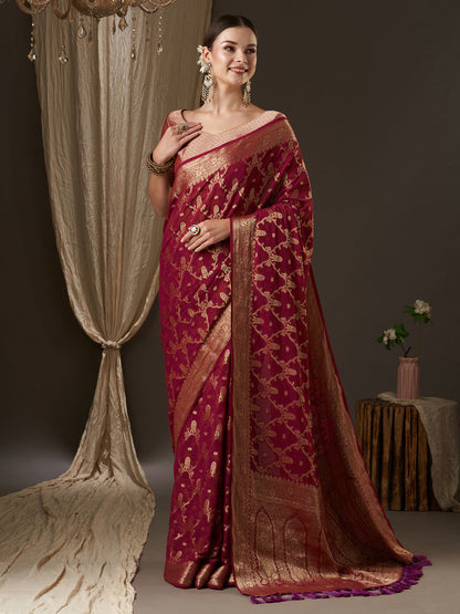 Women's Georgette Burgundy Woven Design Designer Saree With Blouse Piece