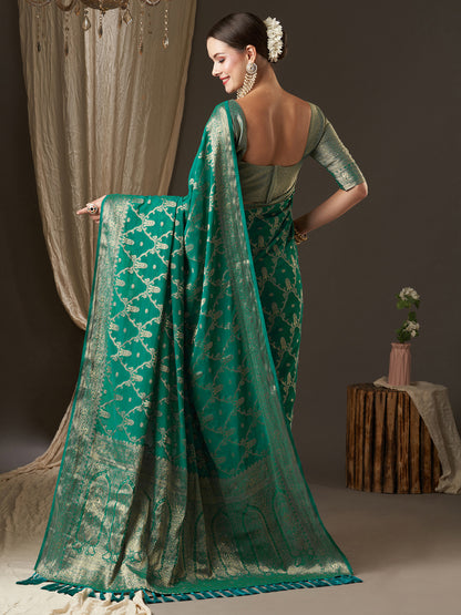 Women's Georgette Blue Woven Design Designer Saree With Blouse Piece