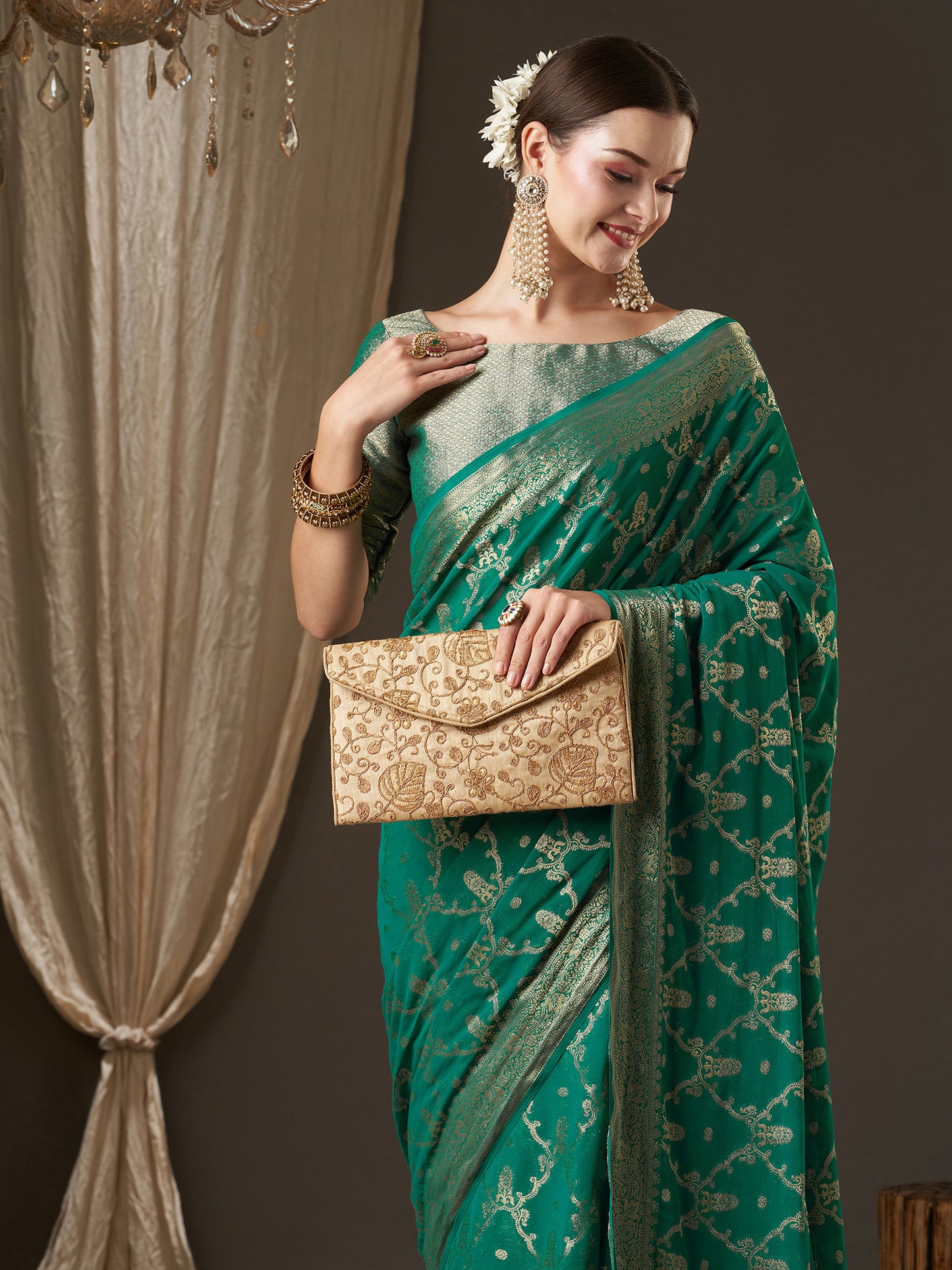 Women's Georgette Blue Woven Design Designer Saree With Blouse Piece