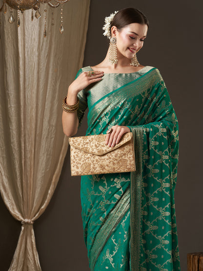 Women's Georgette Blue Woven Design Designer Saree With Blouse Piece