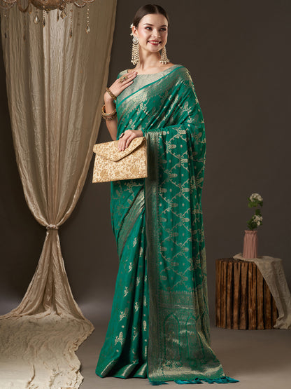 Women's Georgette Blue Woven Design Designer Saree With Blouse Piece