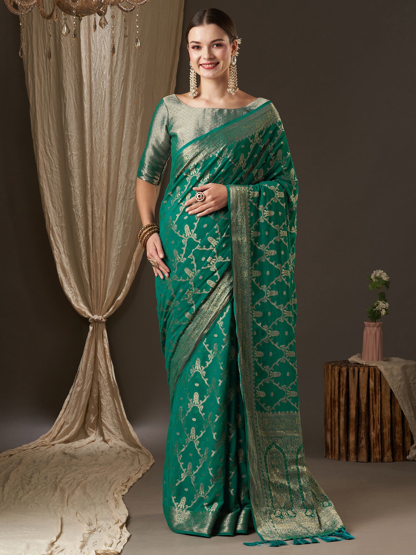 Women's Georgette Blue Woven Design Designer Saree With Blouse Piece