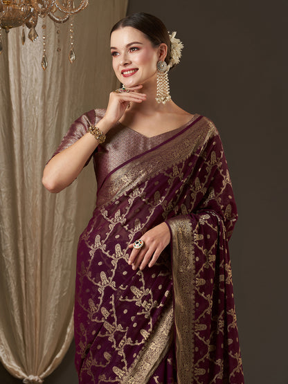 Women's Georgette Purple Woven Design Designer Saree With Blouse Piece