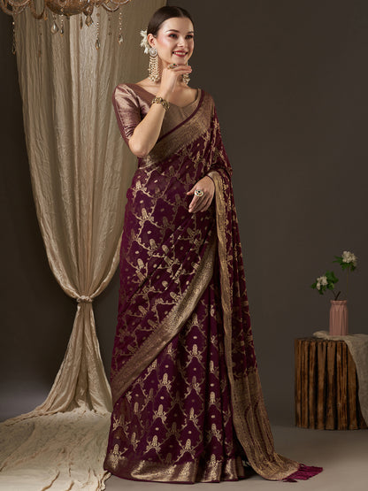 Women's Georgette Purple Woven Design Designer Saree With Blouse Piece