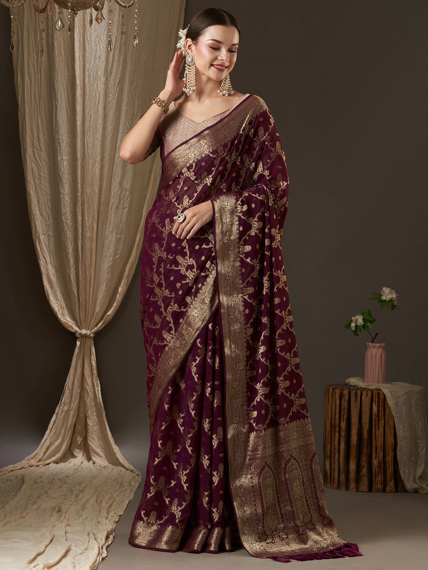 Women's Georgette Purple Woven Design Designer Saree With Blouse Piece