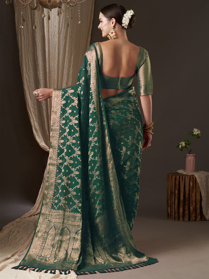 Women's Georgette Green Woven Design Designer Saree With Blouse Piece