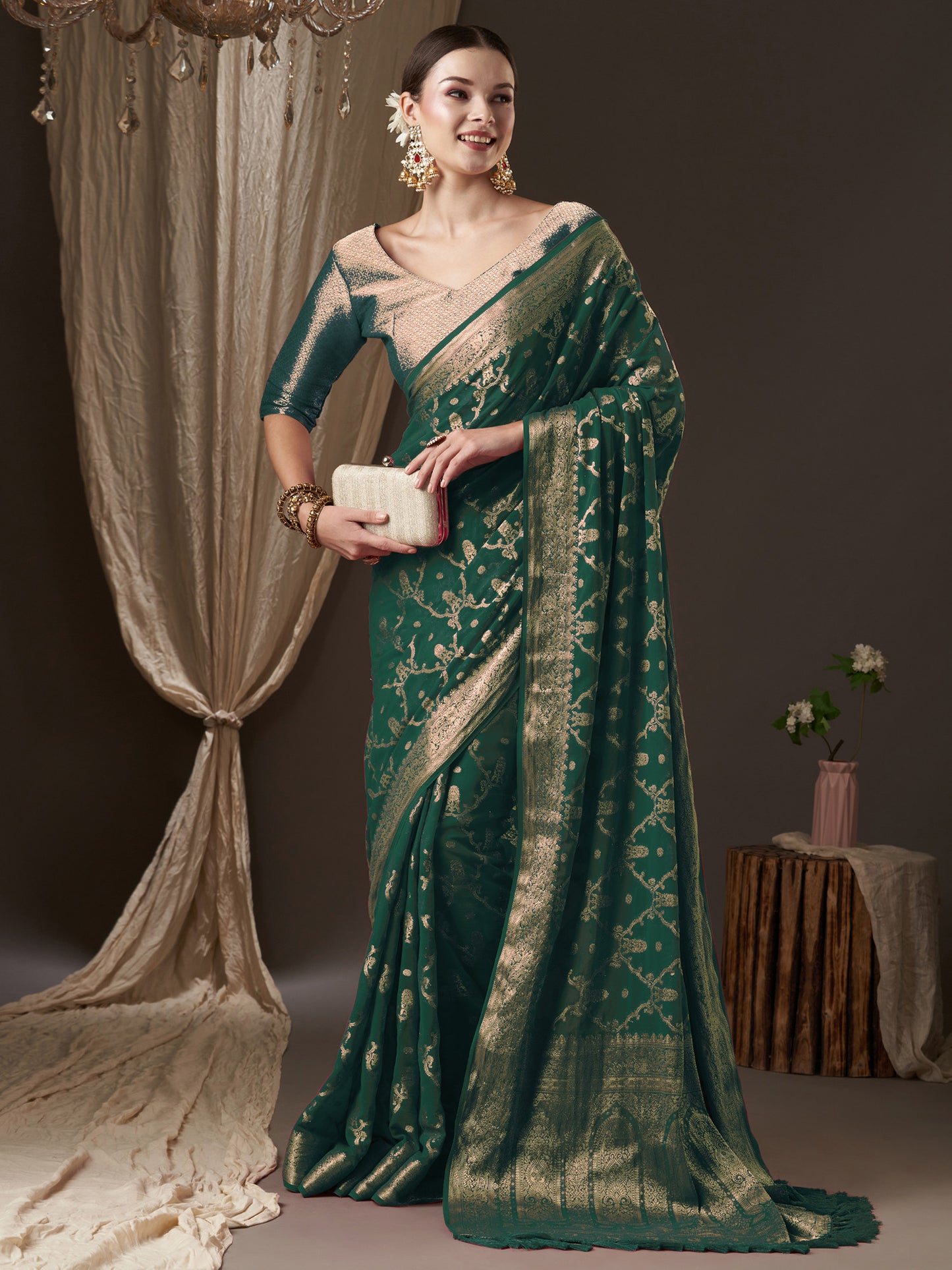 Women's Georgette Green Woven Design Designer Saree With Blouse Piece