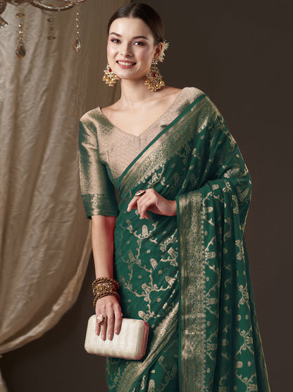 Women's Georgette Green Woven Design Designer Saree With Blouse Piece
