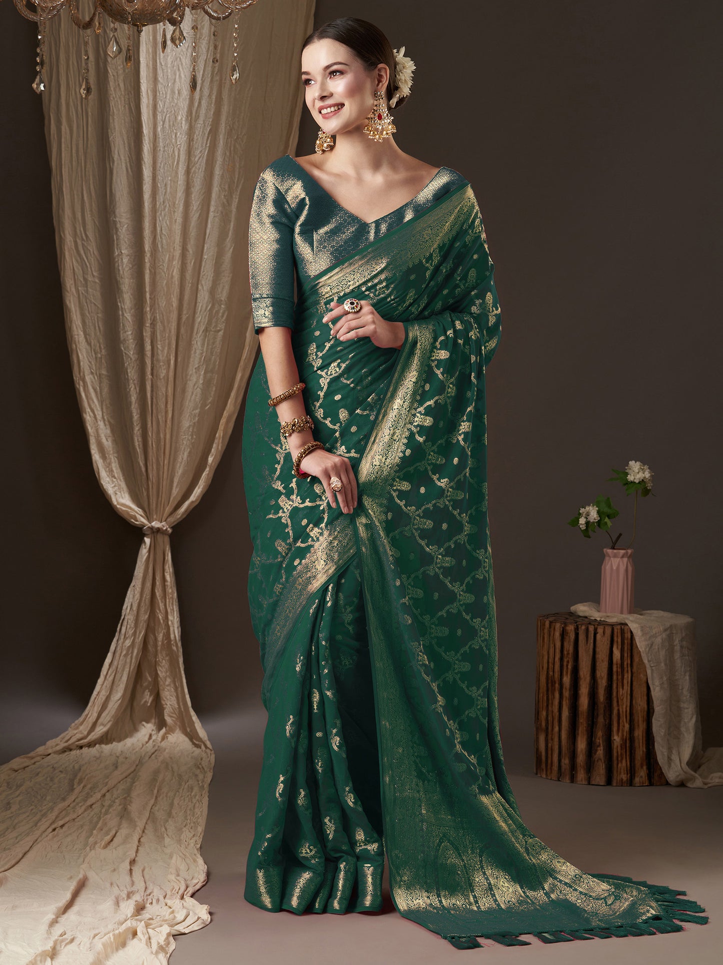 Women's Georgette Green Woven Design Designer Saree With Blouse Piece