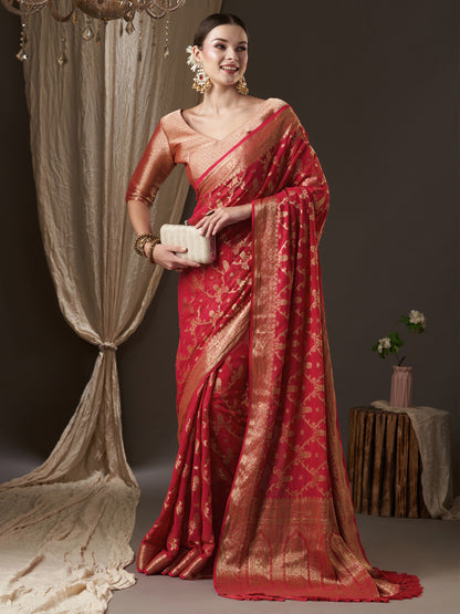 Women's Georgette Red Woven Design Designer Saree With Blouse Piece