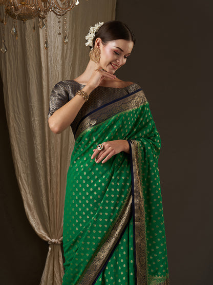 Women's Georgette Green Woven Design Designer Saree With Blouse Piece