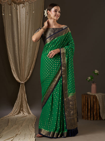 Women's Georgette Green Woven Design Designer Saree With Blouse Piece