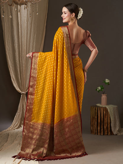 Women's Georgette Mustard Woven Design Designer Saree With Blouse Piece