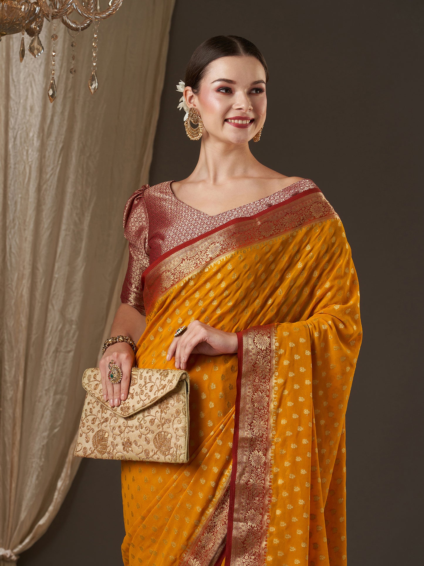 Women's Georgette Mustard Woven Design Designer Saree With Blouse Piece