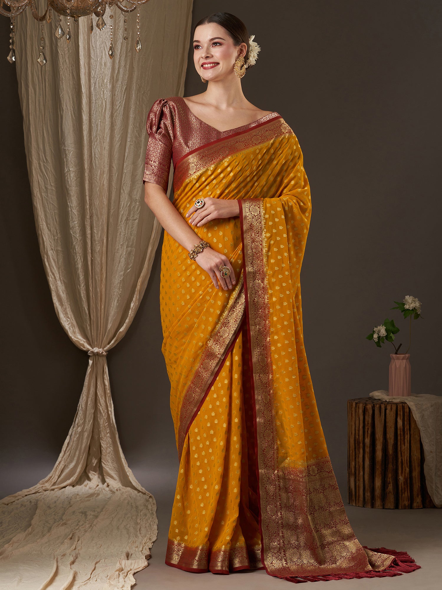 Women's Georgette Mustard Woven Design Designer Saree With Blouse Piece