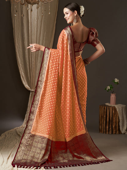 Women's Georgette Peach Woven Design Designer Saree With Blouse Piece